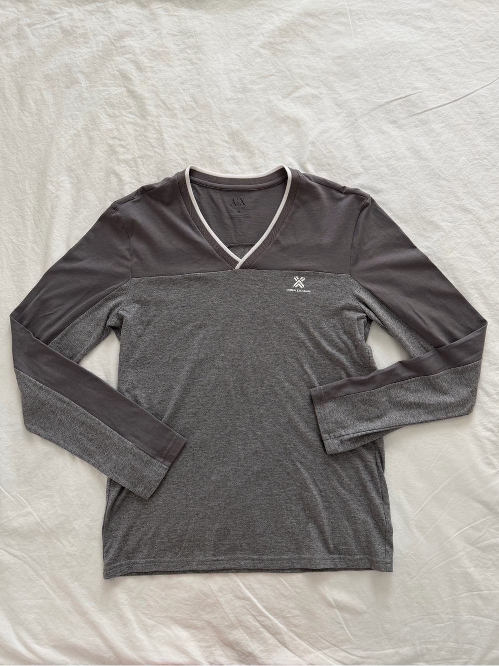 Armani Exchange Two-Tone Charcoal V-Neck Long Sleeve Shirt